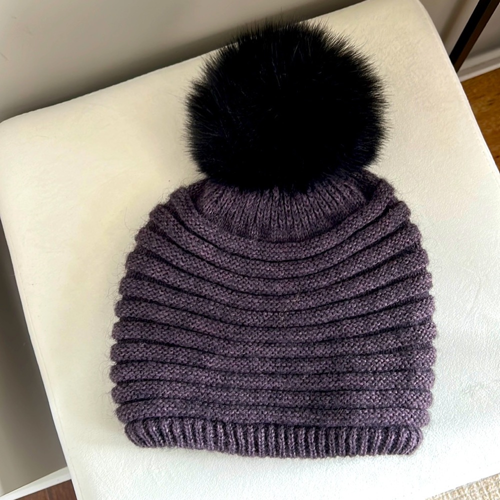 NWOT Purple Knit Hat with Faux Fur Pom